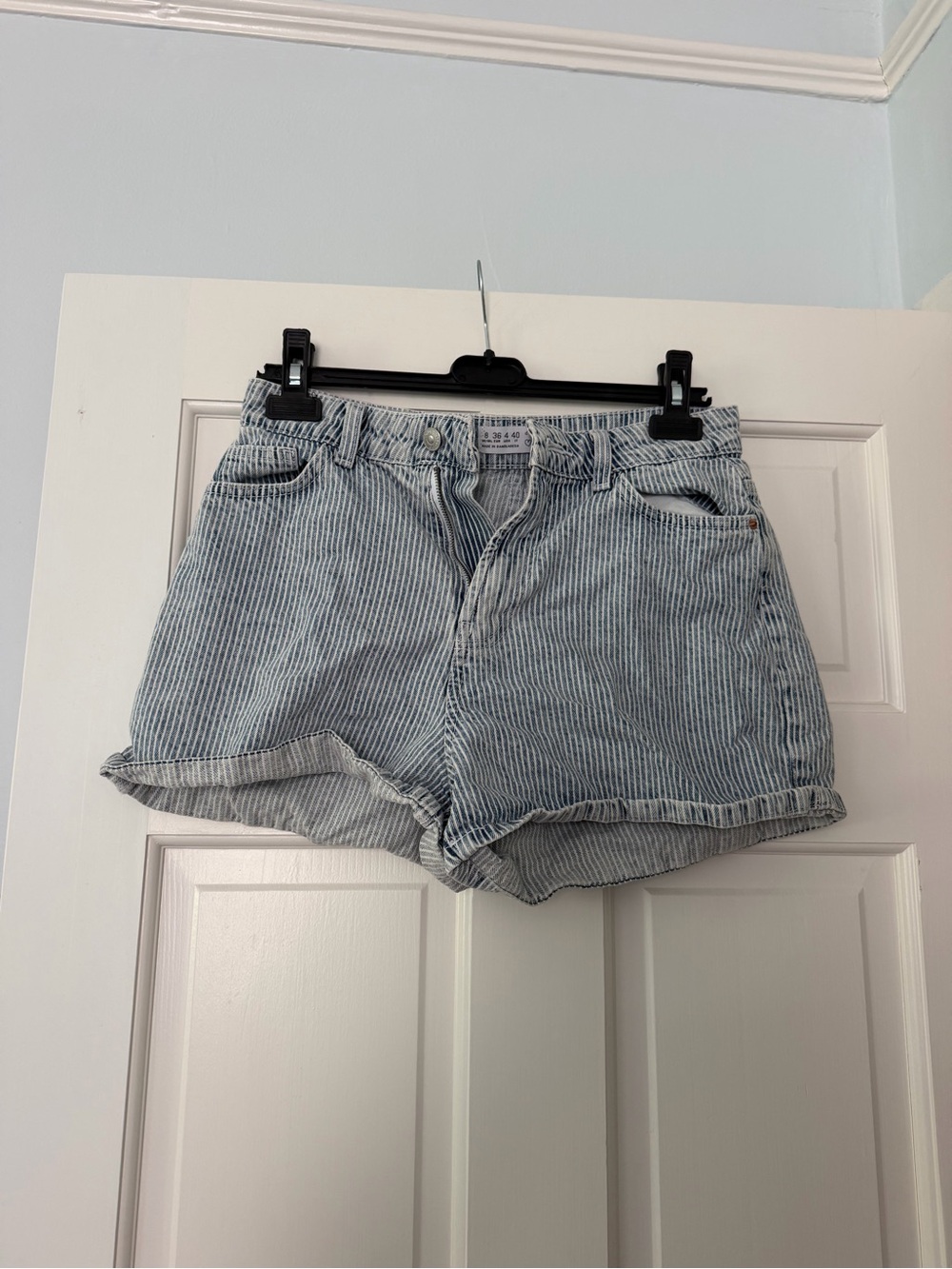 Denim&Co Light Blue Striped High-Rise Jean Shorts